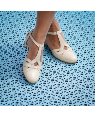 Ivory Genuine Leather Low Heel Vintage Sandals