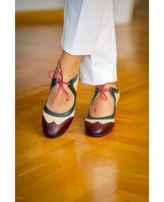 Two-tone genuine leather vintage lace-up shoes