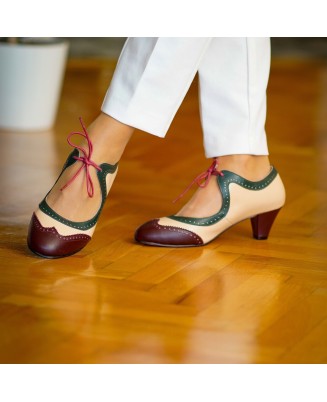 Two-tone genuine leather vintage lace-up shoes