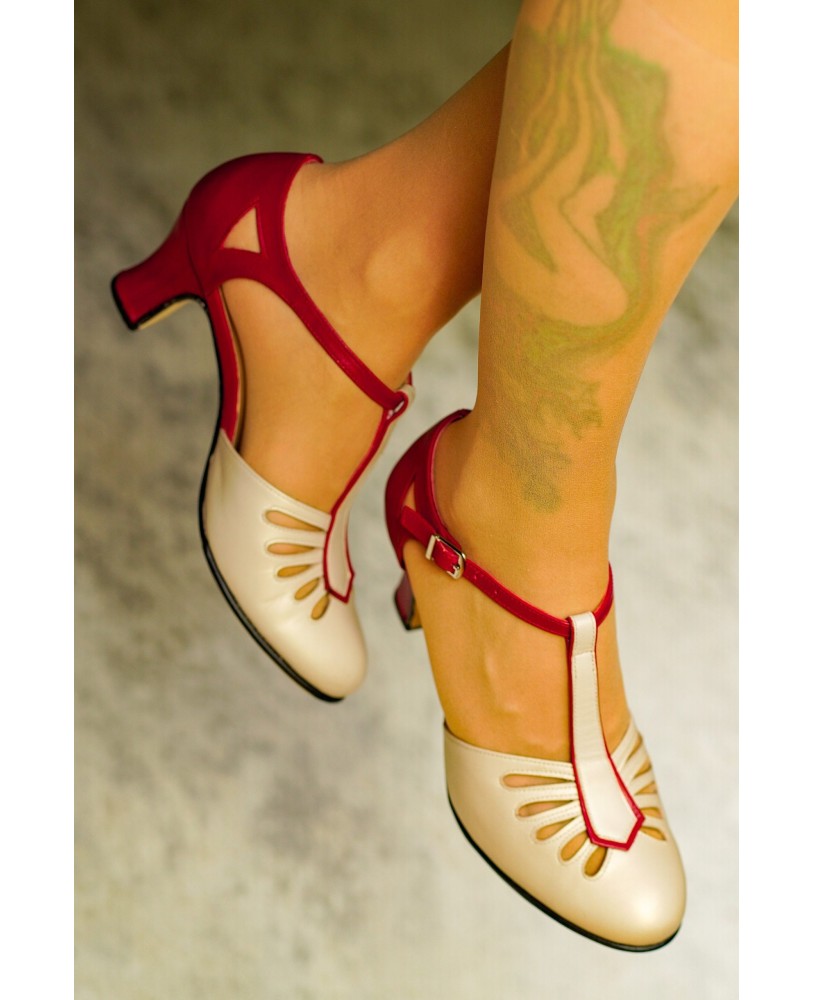 White & Red Genuine Leather Vintage T-Strap Heels