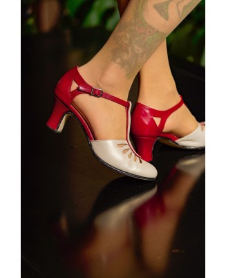 White & Red Genuine Leather Vintage T-Strap Heels