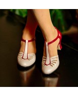 White & Red Genuine Leather Vintage T-Strap Heels