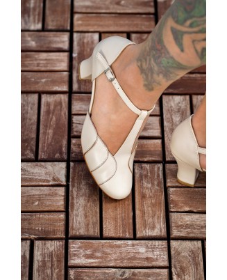 Classic ivory leather vintage T-strap low heels