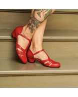 Red Genuine Leather Vintage T-Strap Low Heel Shoes