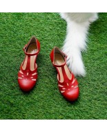 Red Genuine Leather Vintage T-Strap Low Heel Shoes