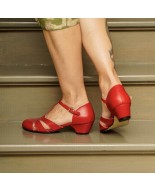 Red Genuine Leather Vintage T-Strap Low Heel Shoes