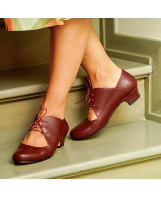 Burgundy leather vintage lace-up low heels