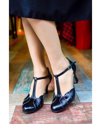 Black Genuine Leather Vintage T-Strap Heels