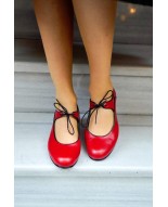 Red leather lace-up low heels