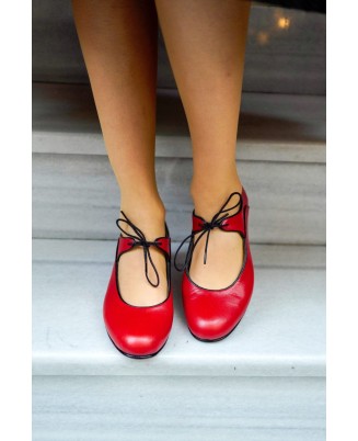 Red leather lace-up low heels