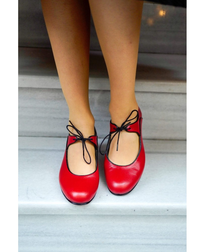 Red leather lace-up low heels