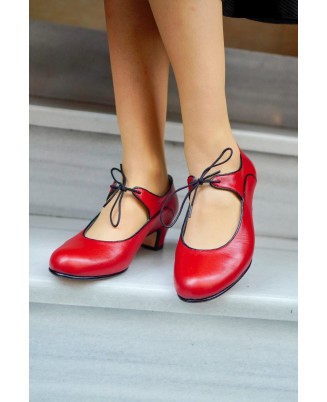 Red leather lace-up low heels