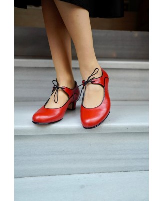 Red leather lace-up low heels