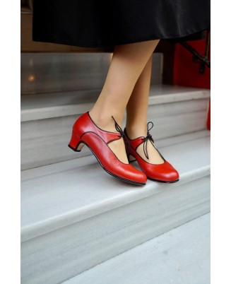 Red leather lace-up low heels
