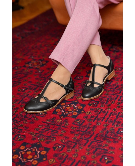 Black Genuine Leather Vintage T-Strap Flats