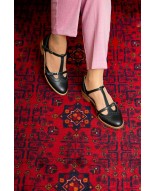 Black Genuine Leather Vintage T-Strap Flats