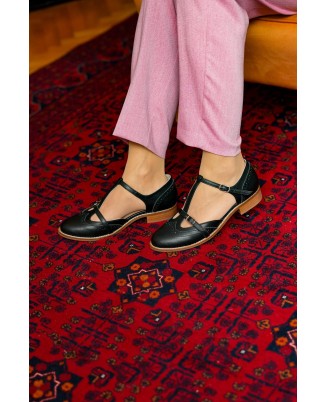 Black Genuine Leather Vintage T-Strap Flats