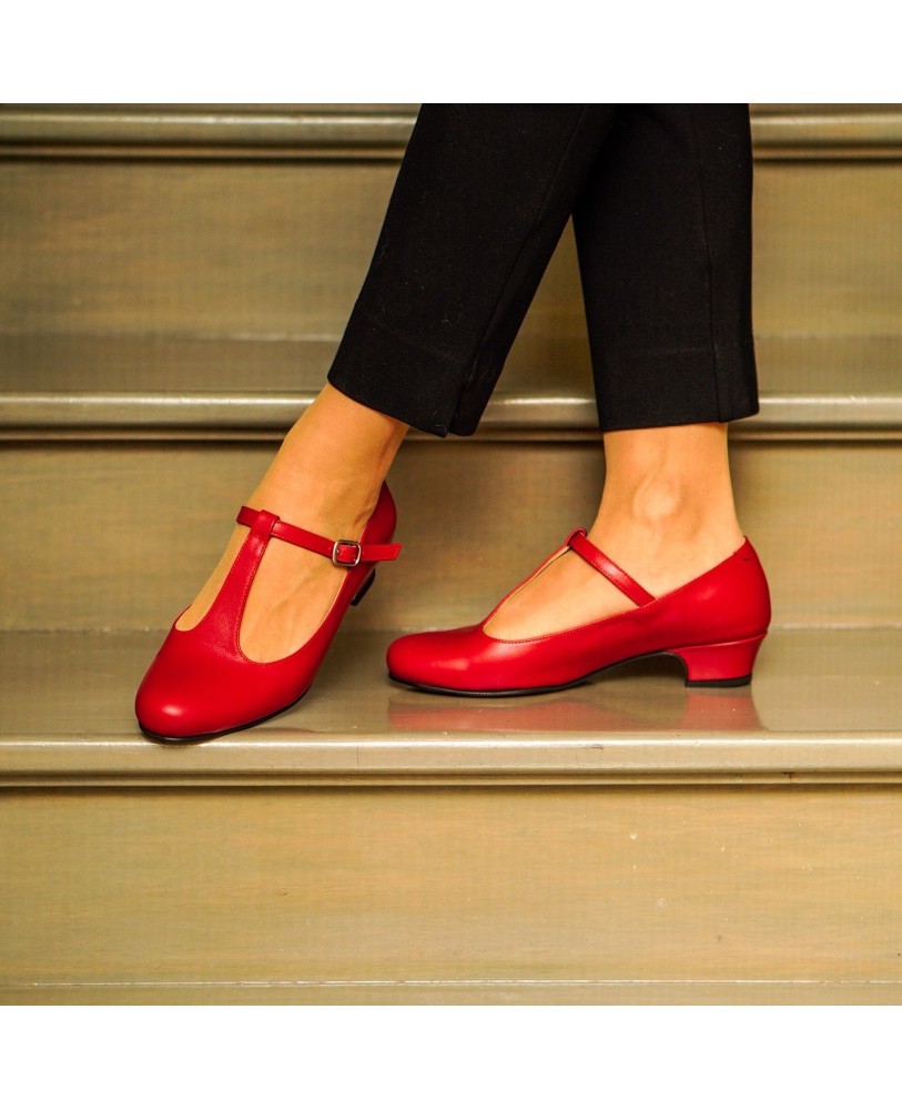 Red leather Mary Jane low heels
