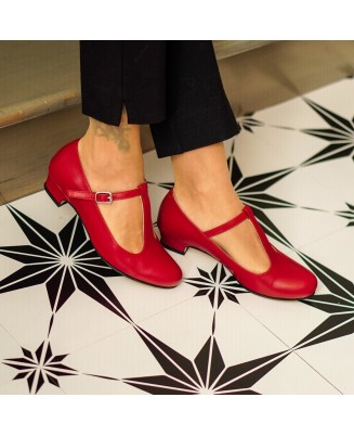 Red leather Mary Jane low heels