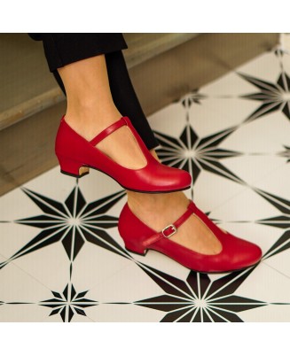 Red leather Mary Jane low heels