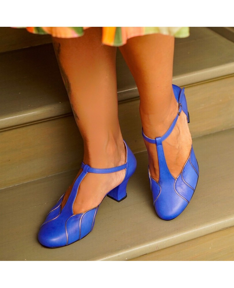 Blue Genuine Leather Vintage T-Strap Heels