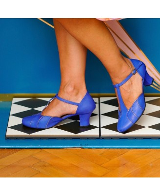 Blue Genuine Leather Vintage T-Strap Heels