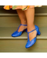 Blue Genuine Leather Vintage T-Strap Heels