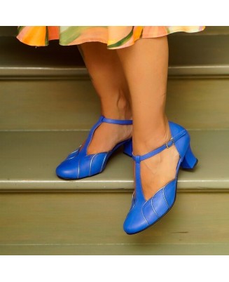 Blue Genuine Leather Vintage T-Strap Heels