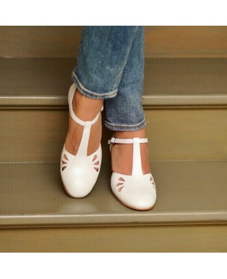 White Genuine Leather Vintage T-Strap Heels