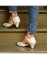 White Genuine Leather Vintage T-Strap Heels