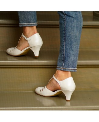 White Genuine Leather Vintage T-Strap Heels
