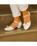 White Genuine Leather Low Heel Shoes with Bow