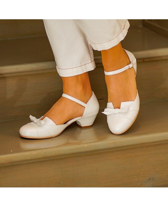 White Genuine Leather Low Heel Shoes with Bow