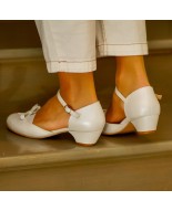 White Genuine Leather Low Heel Shoes with Bow