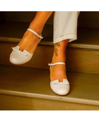 White Genuine Leather Low Heel Shoes with Bow