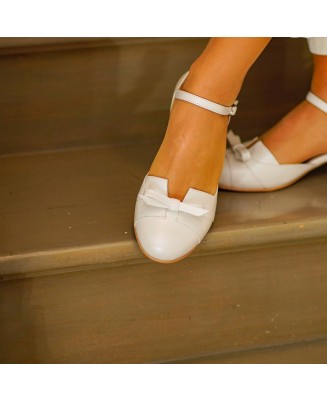 White Genuine Leather Low Heel Shoes with Bow