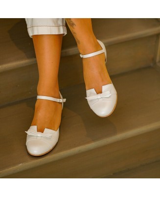 White Genuine Leather Low Heel Shoes with Bow