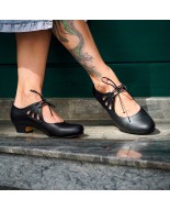 Black leather lace-up high heels