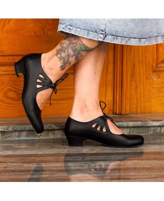Black leather lace-up high heels