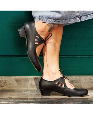 Black leather lace-up high heels