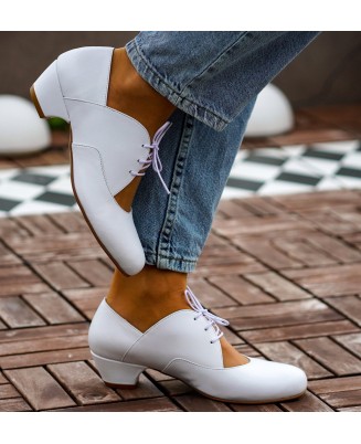 White Genuine Leather Vintage Lace-Up Shoes