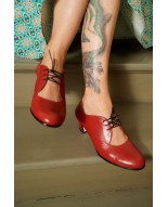Red leather retro lace-up low heels