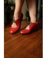 Red leather retro lace-up low heels