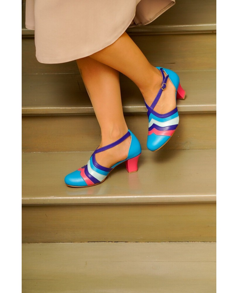 Multicolor Genuine Leather Retro Heels
