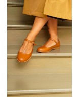 Tan Genuine Leather T-Strap Flats