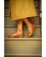 Tan Genuine Leather T-Strap Flats