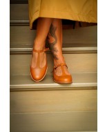 Tan Genuine Leather T-Strap Flats