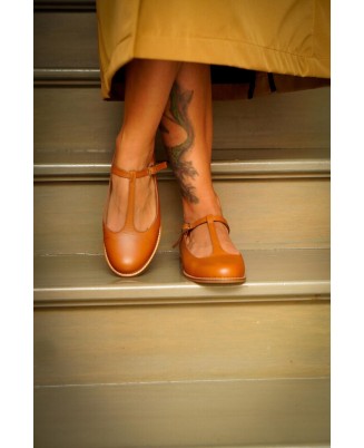 Tan Genuine Leather T-Strap Flats