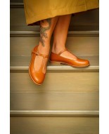 Tan Genuine Leather T-Strap Flats