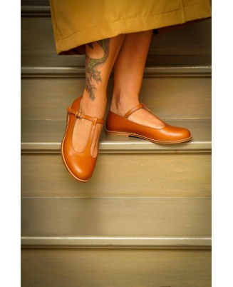 Tan Genuine Leather T-Strap Flats